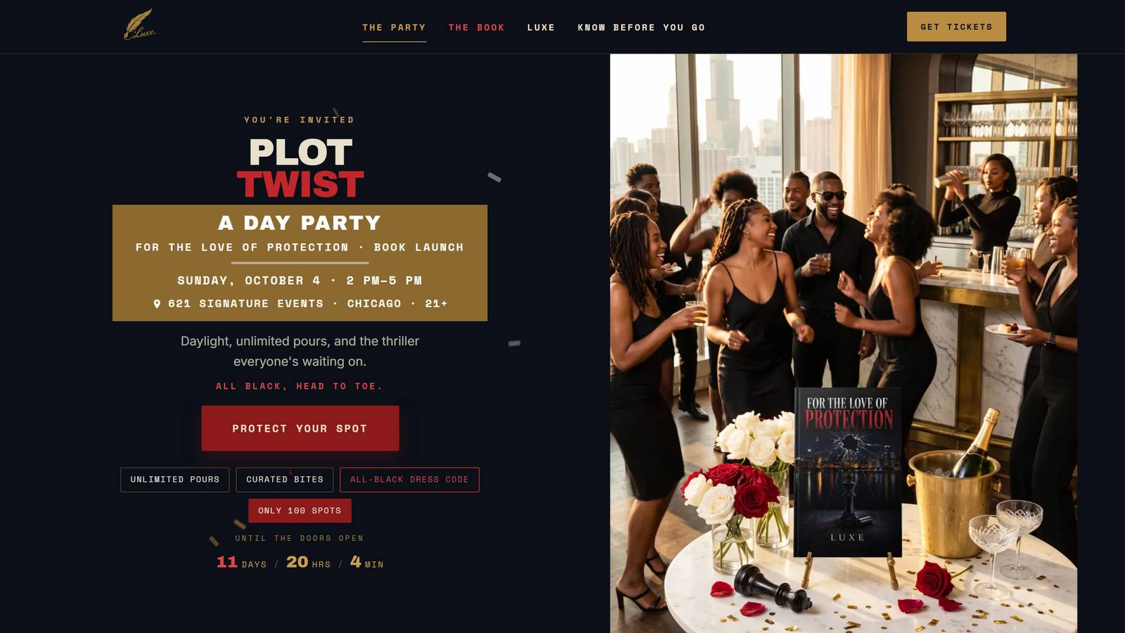 Written By Luxe, the top of the launch page: the invitation and the countdown to the party.