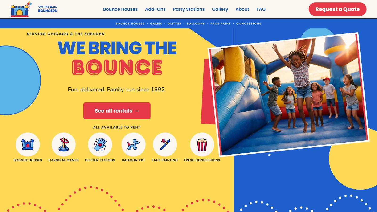 Off the Wall Bouncers, the top of the homepage: the headline and the quote button.