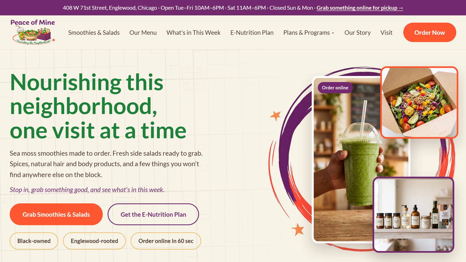 Peace of Mine, the top of the homepage: the neighbourhood line and the order buttons.