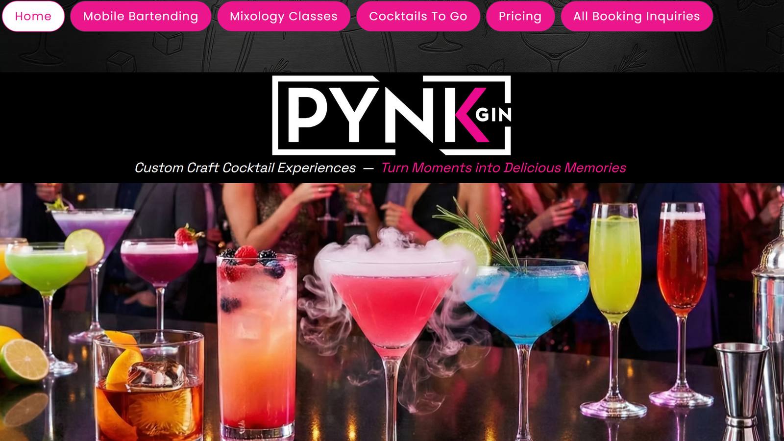 Pynk Gin, the top of the homepage: the services across the top and a bar of finished cocktails.